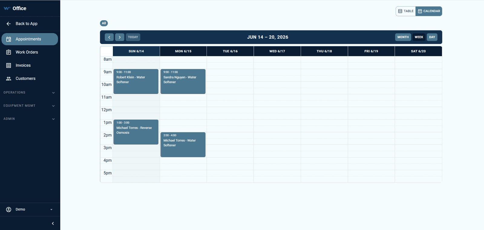 WAAI field service platform — weekly dispatch schedule